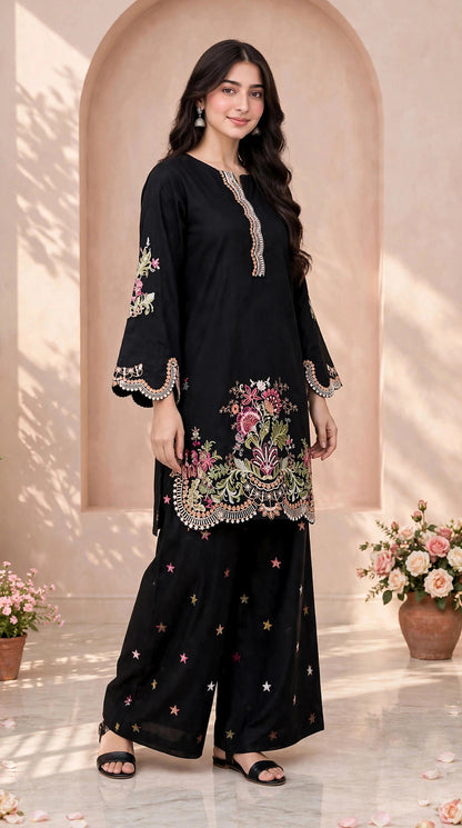 Black Embroidered Kurta with Star Palazzo — Imported Cotton 2-Piece Set