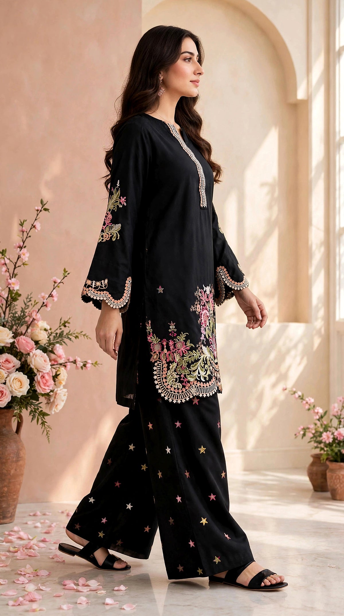 Black Embroidered Kurta with Star Palazzo — Imported Cotton 2-Piece Set