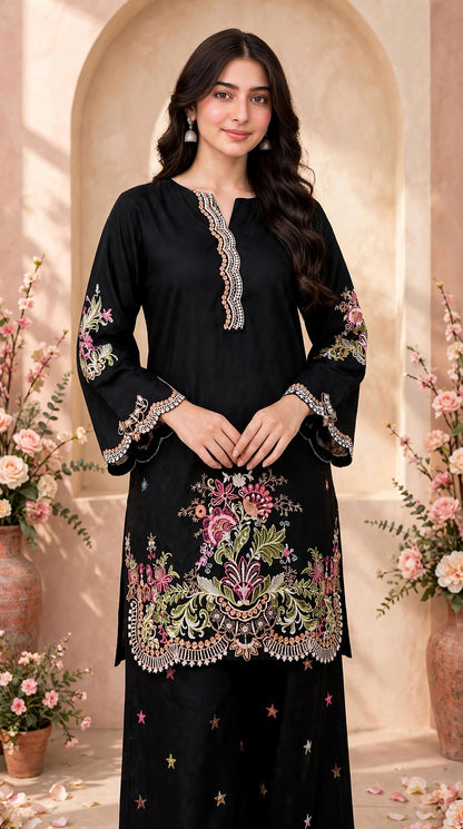 Black Embroidered Kurta with Star Palazzo — Imported Cotton 2-Piece Set