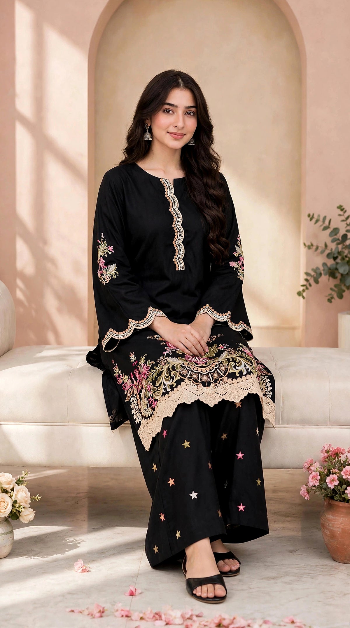 Black Embroidered Kurta with Star Palazzo — Imported Cotton 2-Piece Set