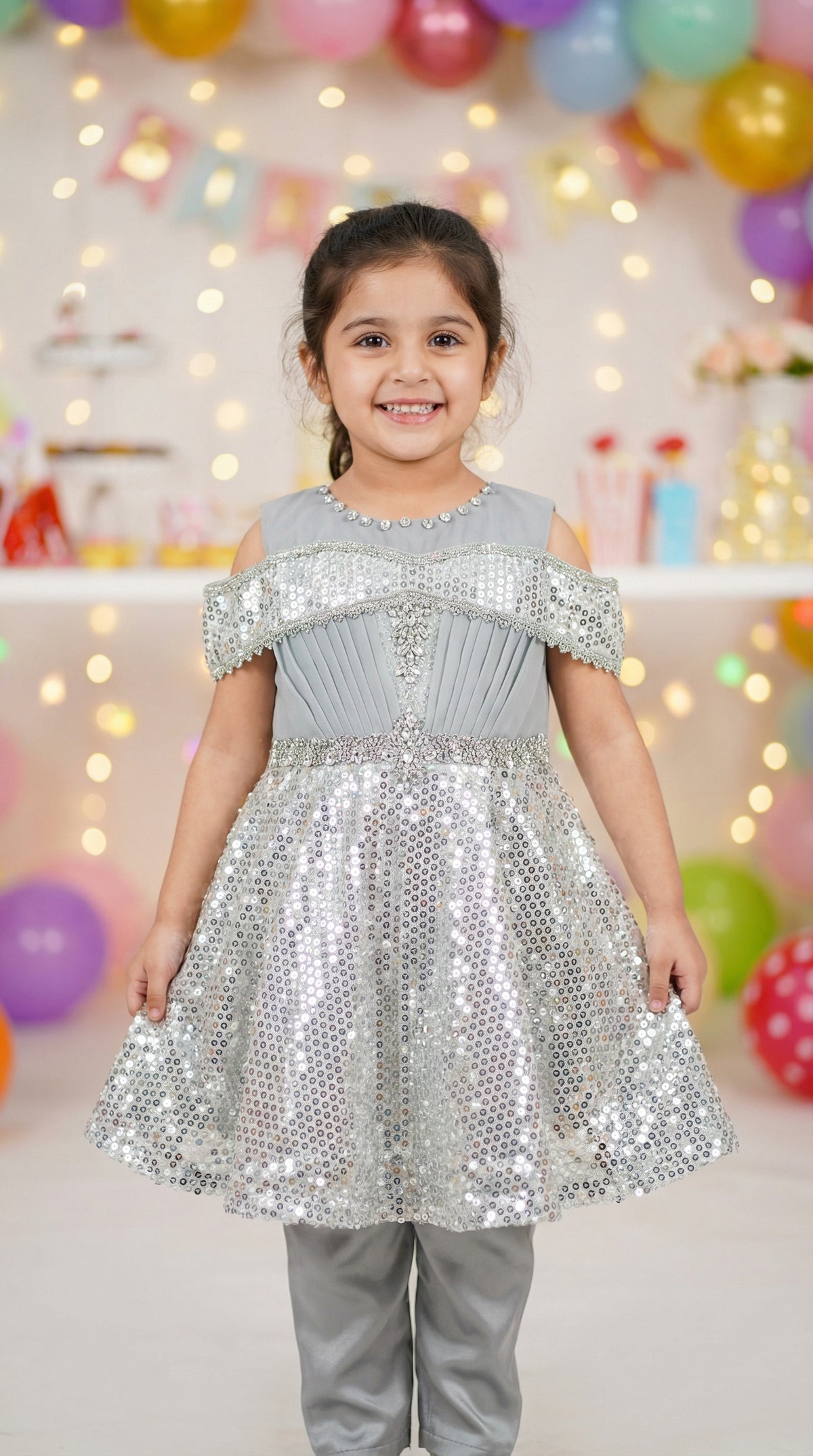 Dazzling Diva Cold-Shoulder Sequin Net Frock