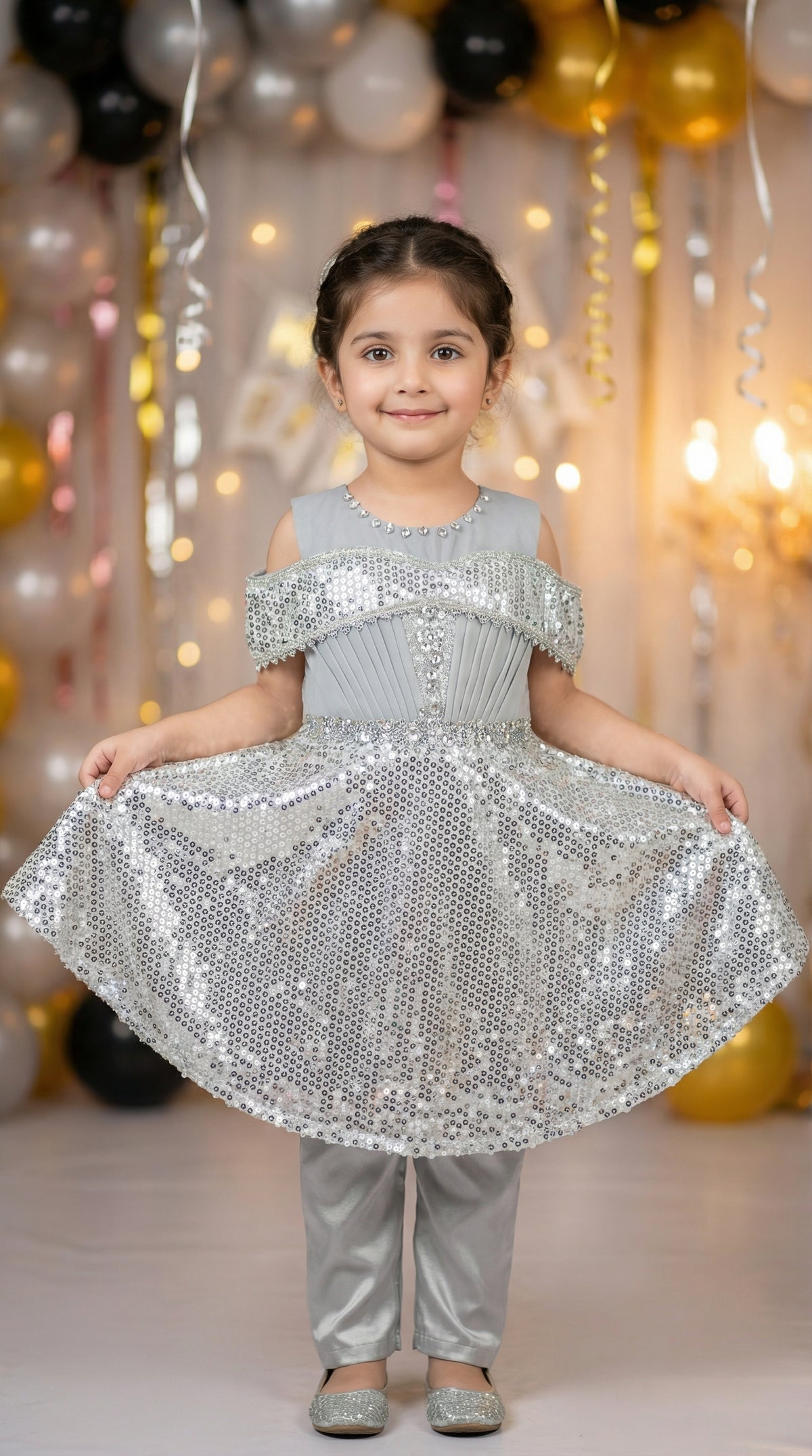 Dazzling Diva Cold-Shoulder Sequin Net Frock