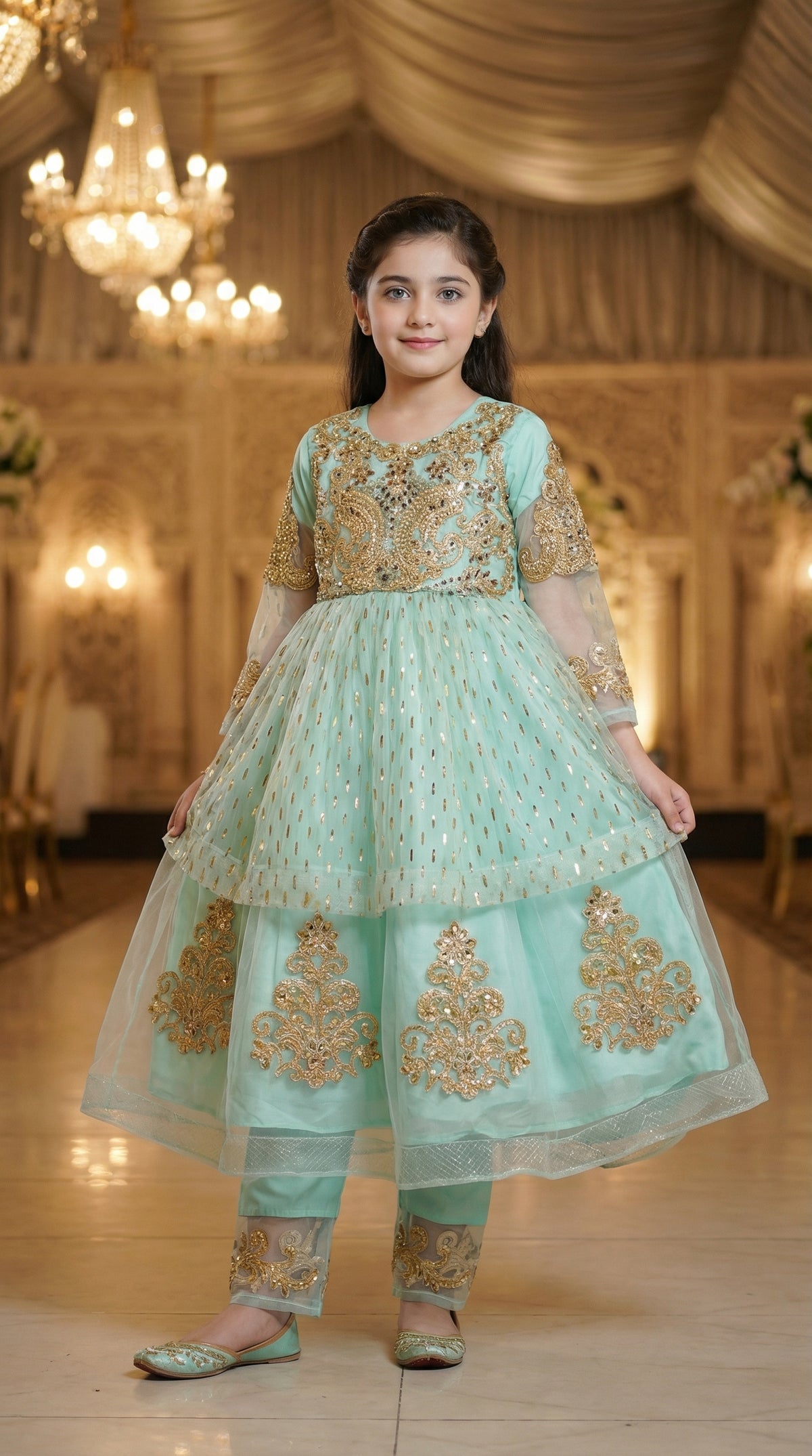 Empress Gold-Embroidered Chiffon & Net Frock